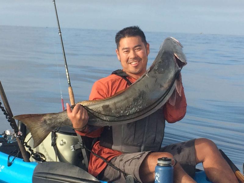 Sat., Sep. 26, 2015 -- Our first trip to La Jolla -- and Kevin lands this whopper White Sea Bass!!!! Nice Kevin!!!