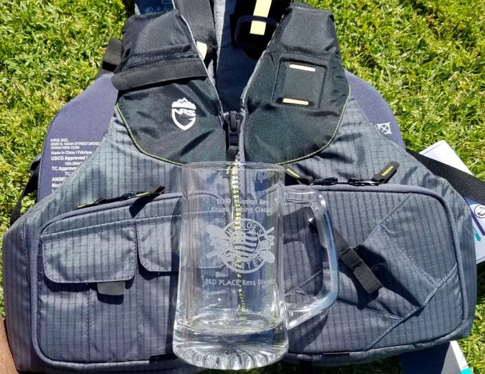 Mission Bay Classic, April 2019. Prizes for winning 3rd place in the Bass division. A brand new model NRS Chinook PFD and the 3rd place Trophy Stein.